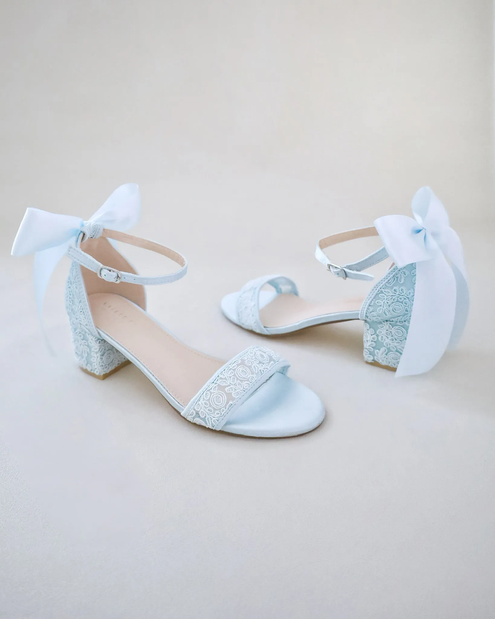 Crochet Lace Block Heel Wedding Sandals with Back Satin Bow
