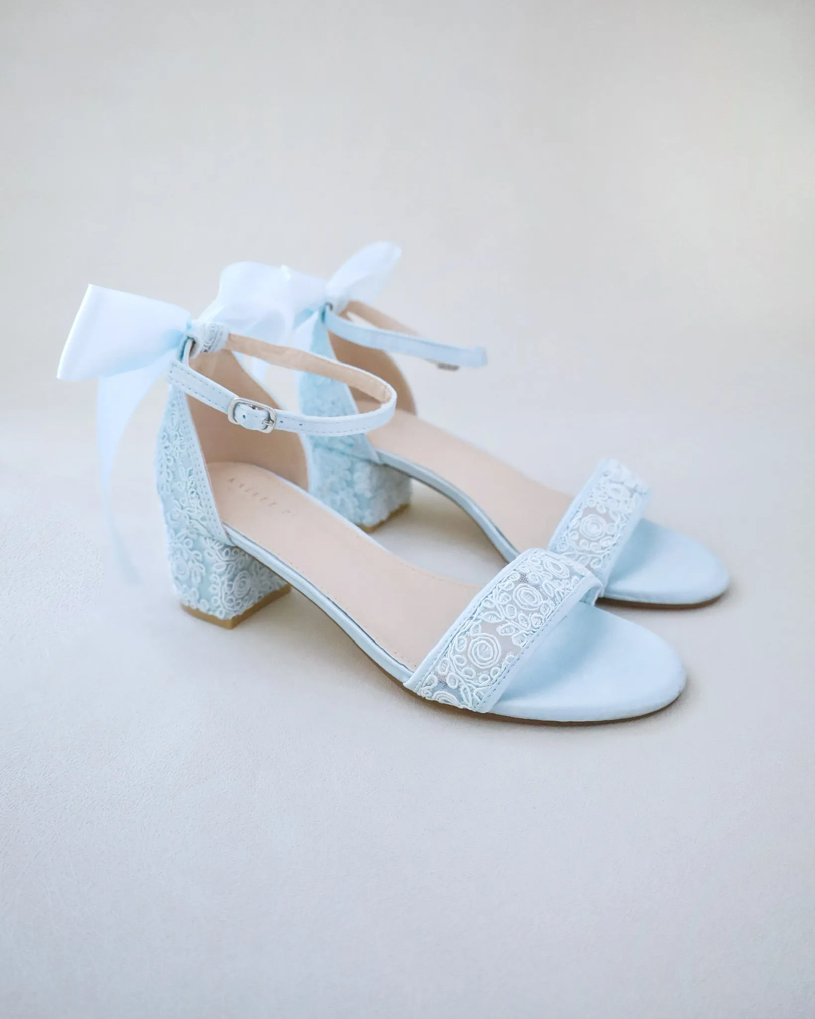 Crochet Lace Block Heel Wedding Sandals with Back Satin Bow