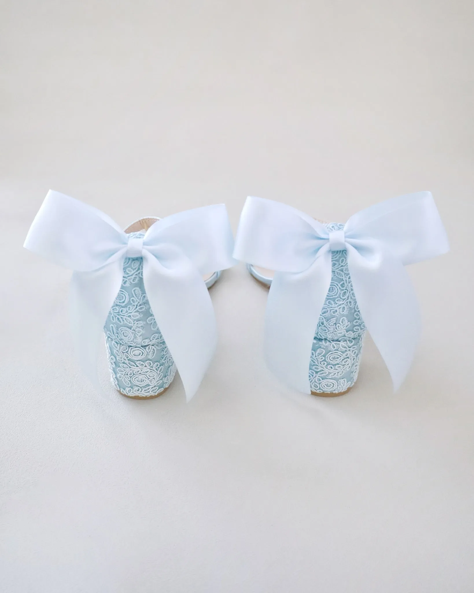 Crochet Lace Block Heel Wedding Sandals with Back Satin Bow