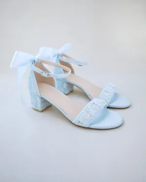 Crochet Lace Block Heel Wedding Sandals with Back Satin Bow