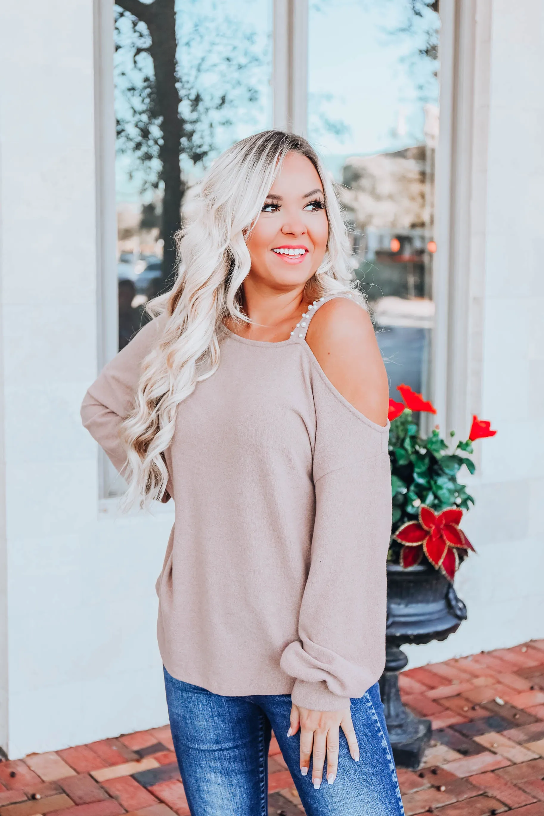 Curls & Pearls Sweater-Taupe