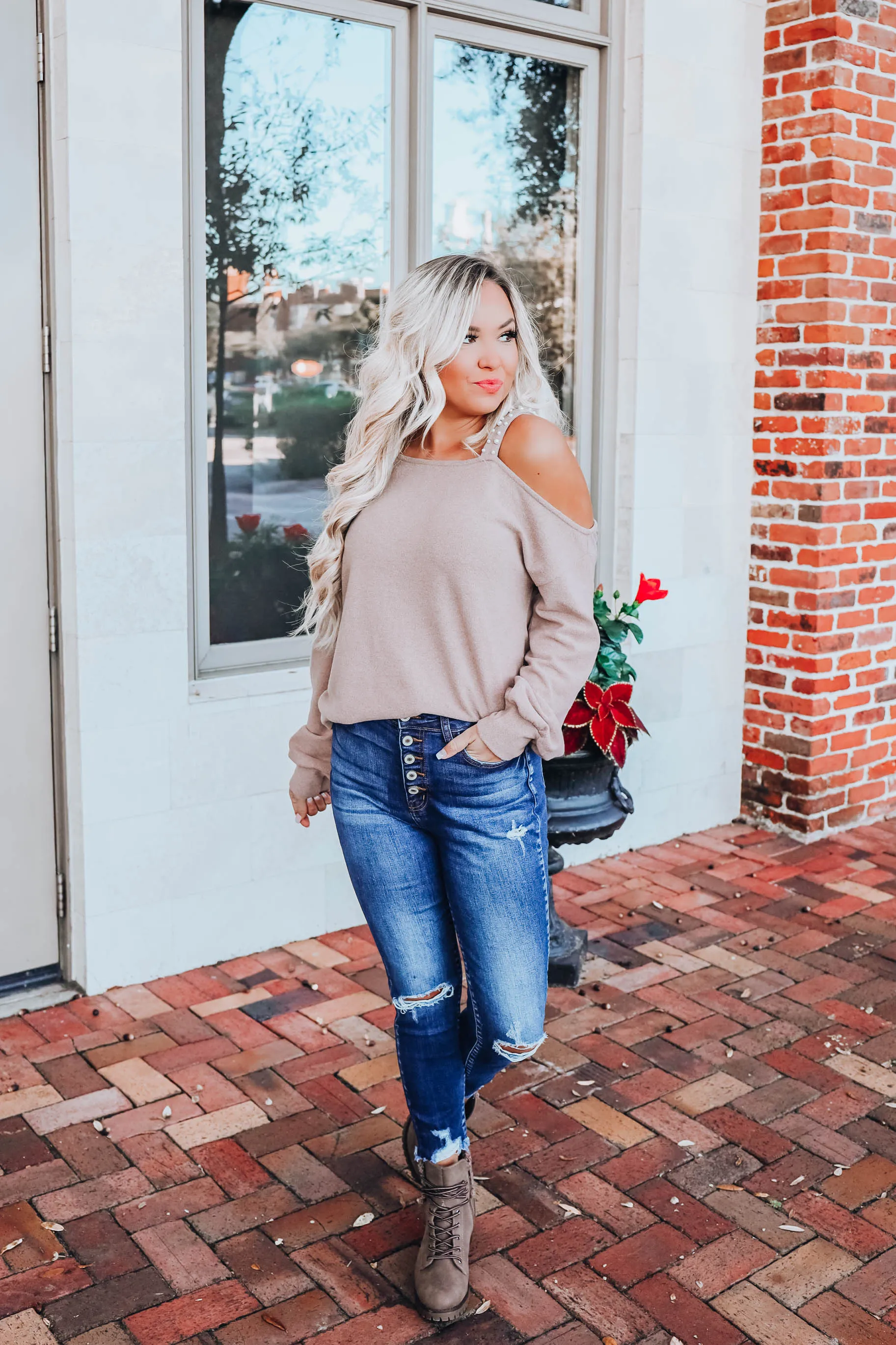 Curls & Pearls Sweater-Taupe