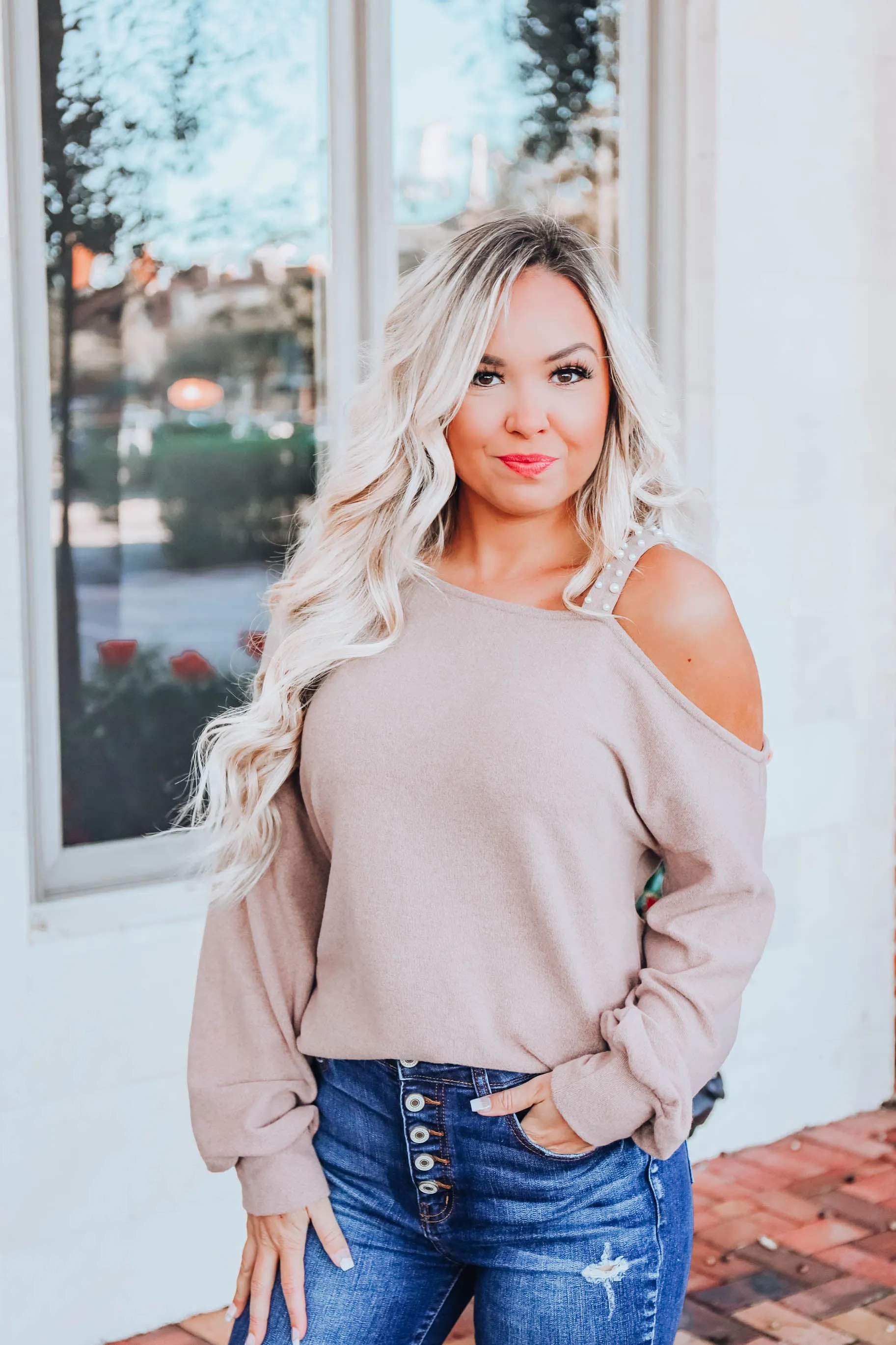 Curls & Pearls Sweater-Taupe