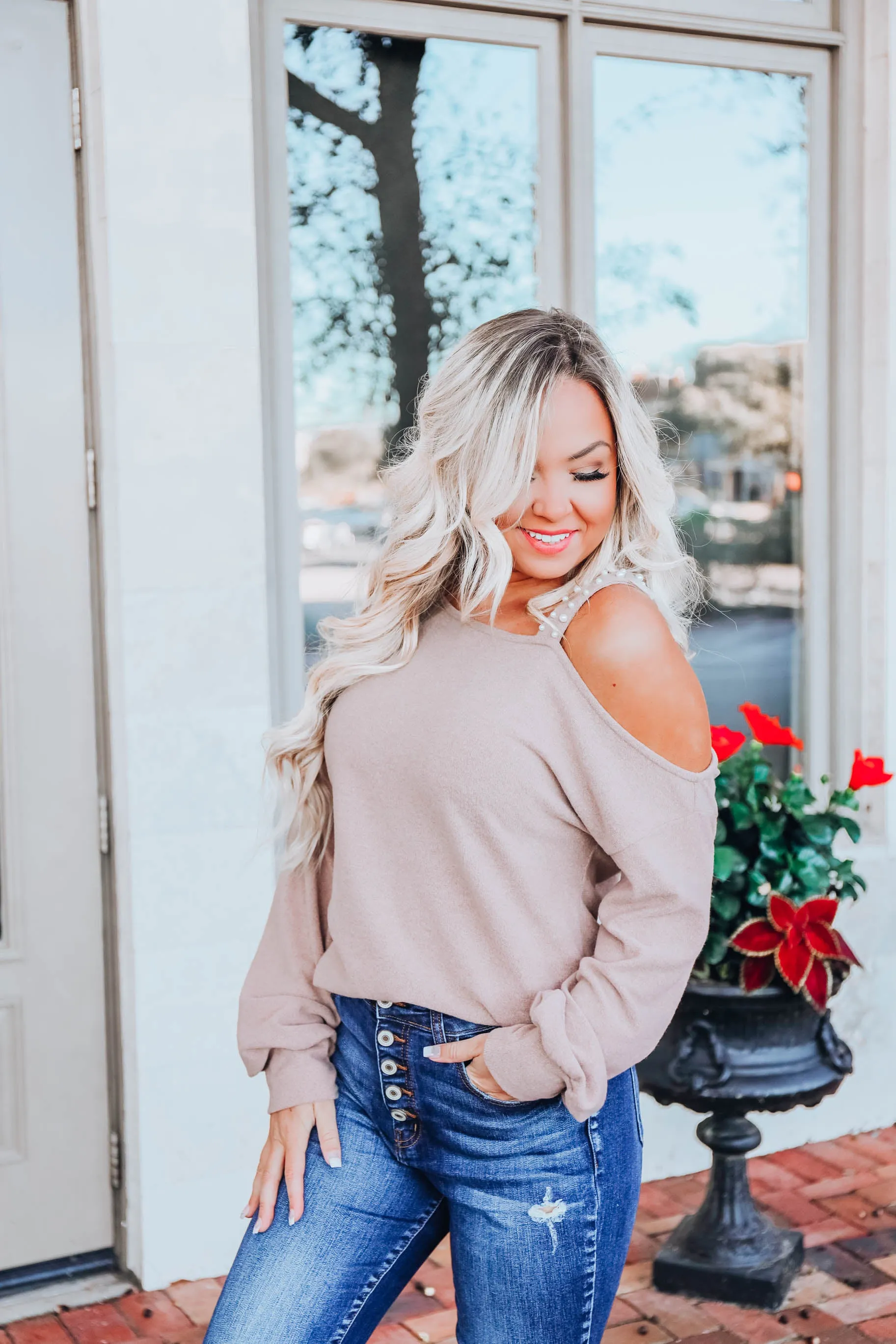 Curls & Pearls Sweater-Taupe
