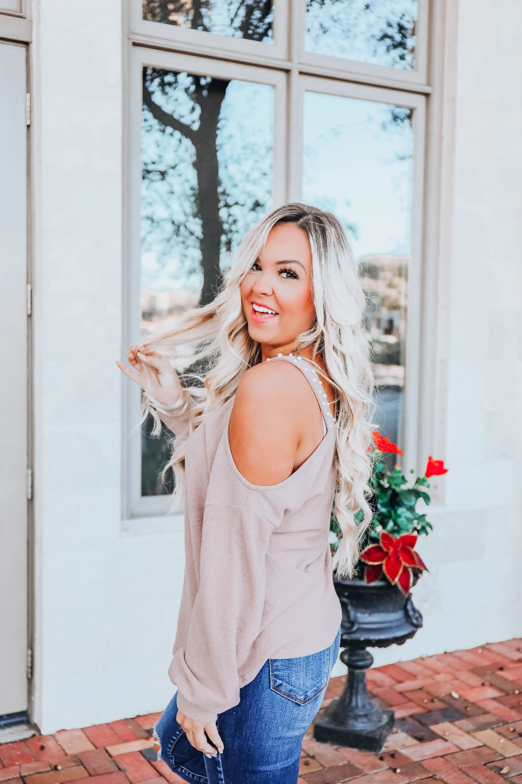 Curls & Pearls Sweater-Taupe