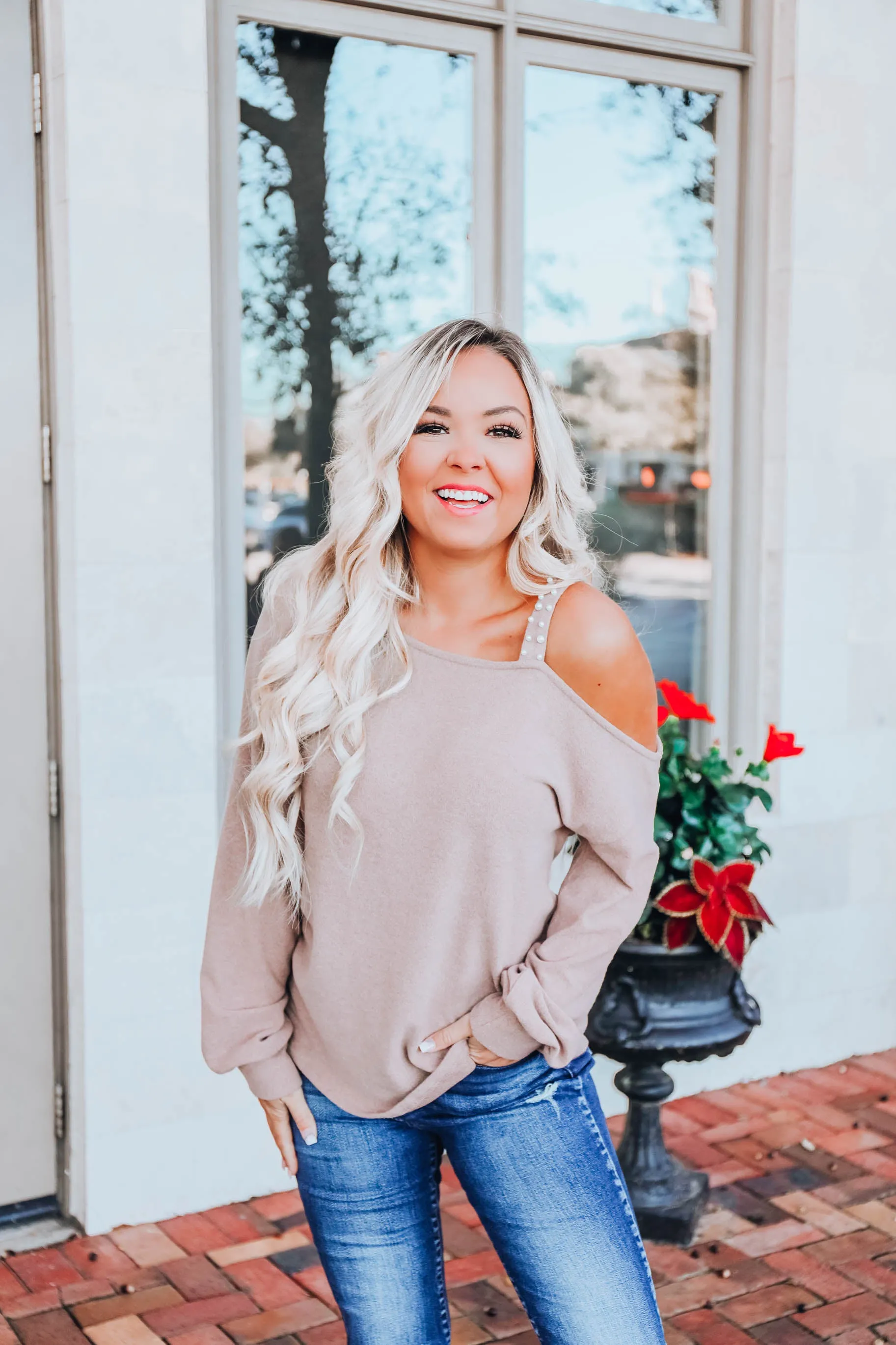 Curls & Pearls Sweater-Taupe