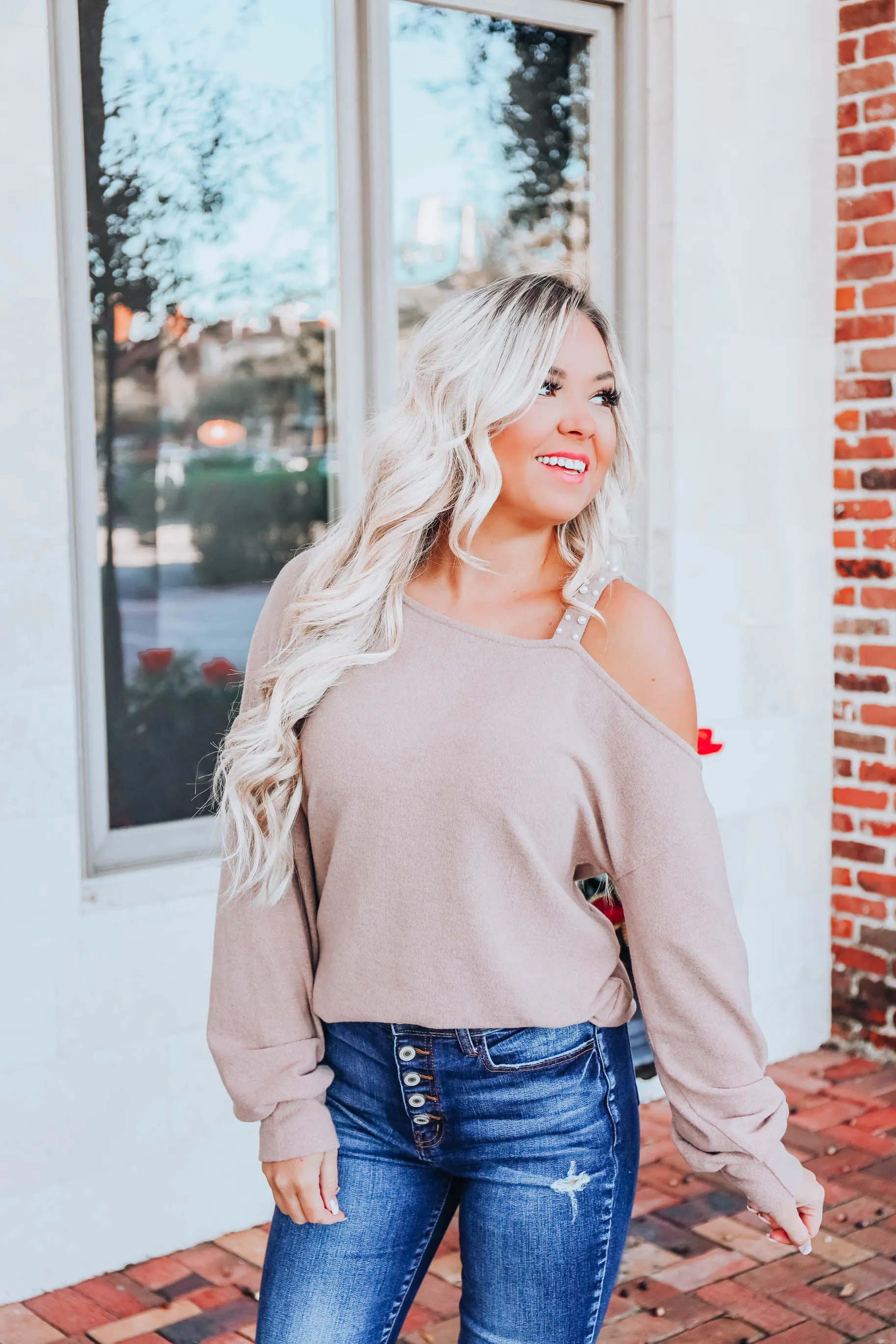 Curls & Pearls Sweater-Taupe