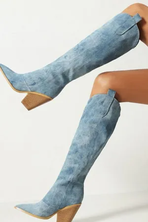 Denim Cowboy Western Boots - Medium Light Wash