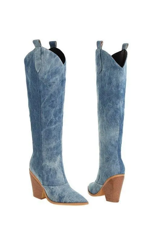 Denim Cowboy Western Boots - Medium Light Wash