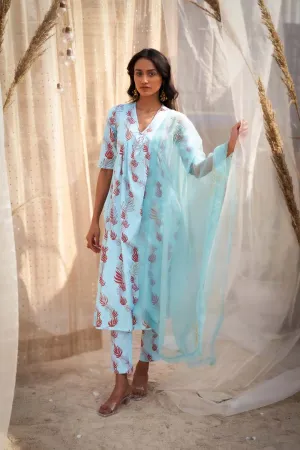 Elegant Leaf-Printed V-Neck Kurta Set with Organza Dupatta & Zari HighlightsRVWK47YLB-WP11YLB-DOLB