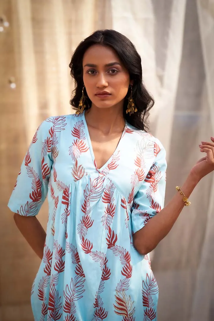 Elegant Leaf-Printed V-Neck Kurta Set with Organza Dupatta & Zari HighlightsRVWK47YLB-WP11YLB-DOLB