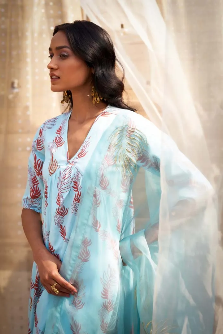 Elegant Leaf-Printed V-Neck Kurta Set with Organza Dupatta & Zari HighlightsRVWK47YLB-WP11YLB-DOLB