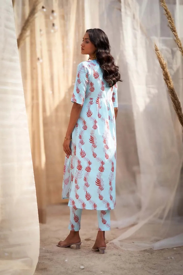 Elegant Leaf-Printed V-Neck Kurta Set with Organza Dupatta & Zari HighlightsRVWK47YLB-WP11YLB-DOLB