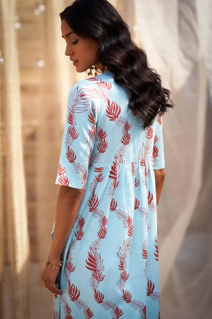 Elegant Leaf-Printed V-Neck Kurta Set with Organza Dupatta & Zari HighlightsRVWK47YLB-WP11YLB-DOLB