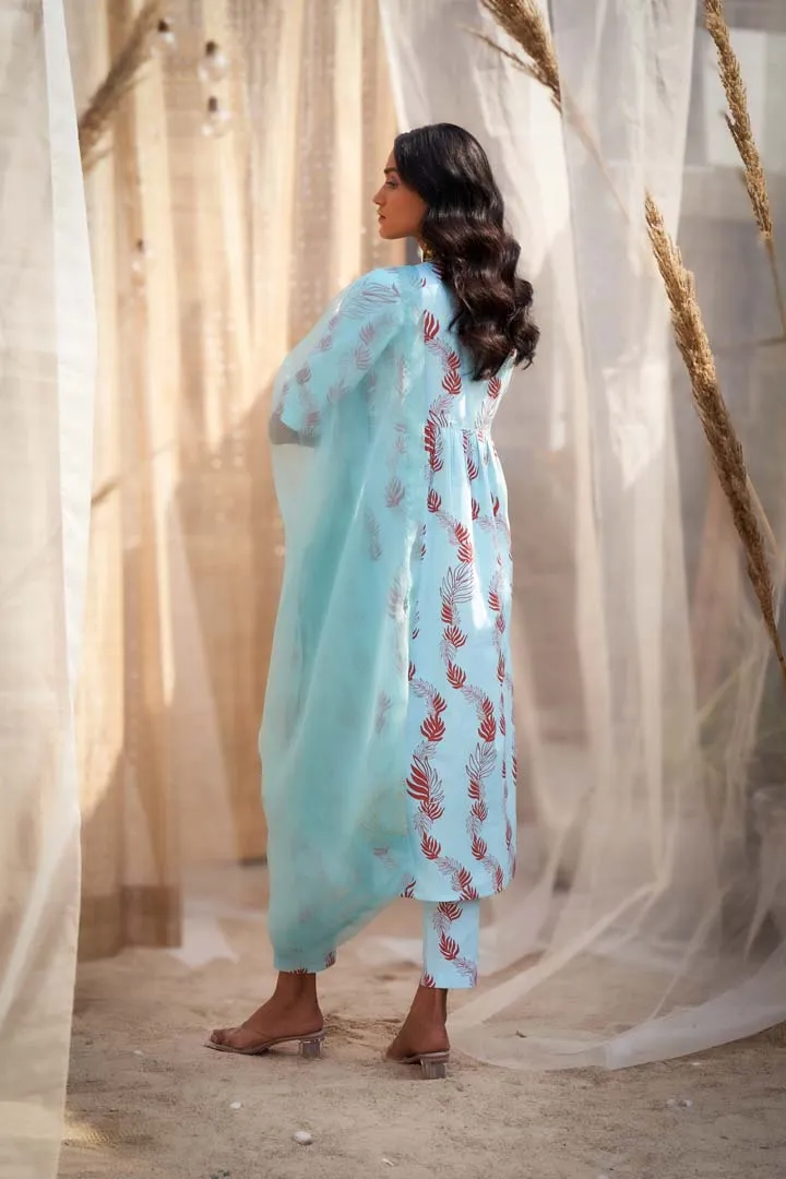 Elegant Leaf-Printed V-Neck Kurta Set with Organza Dupatta & Zari HighlightsRVWK47YLB-WP11YLB-DOLB