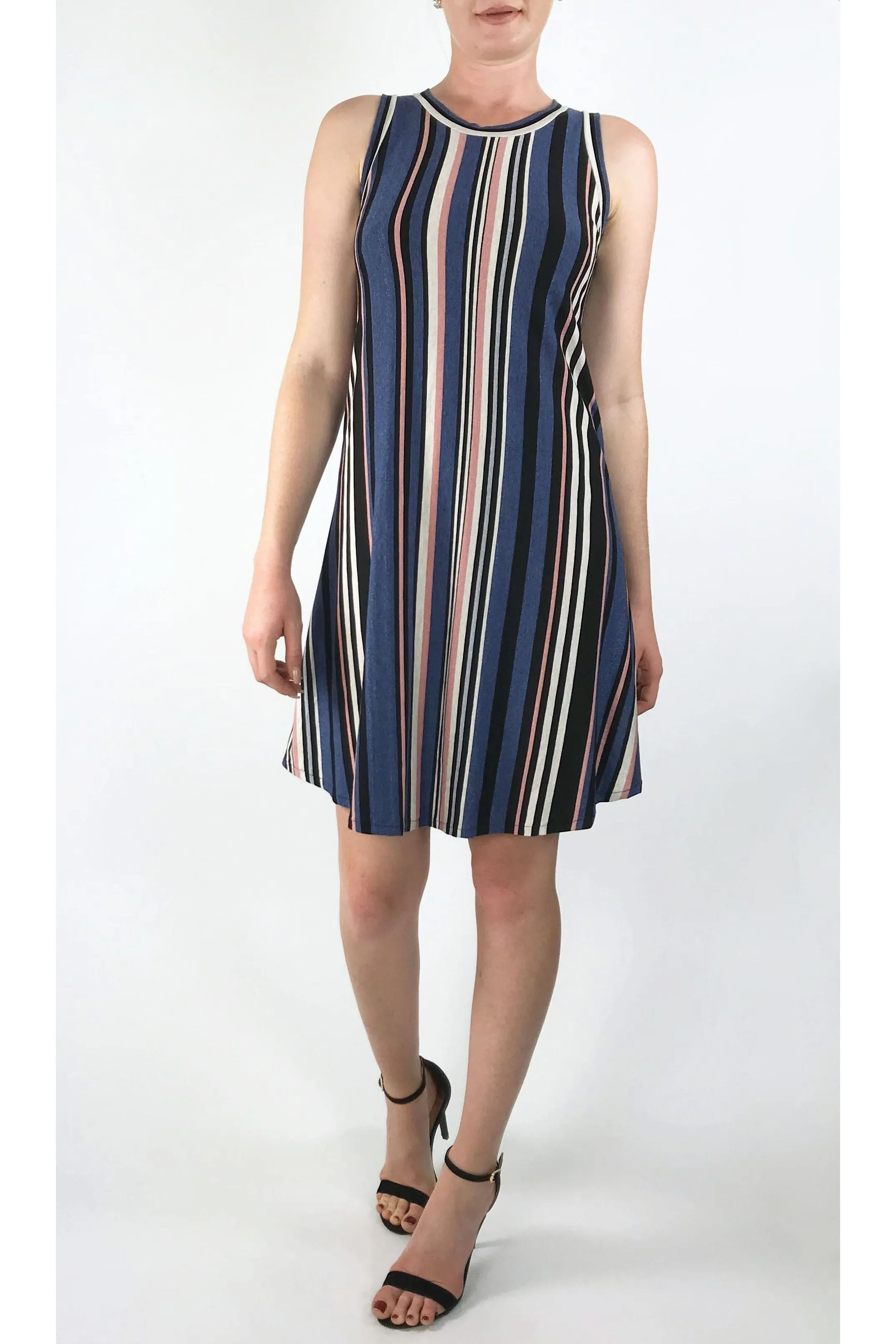 ELENORE Silky Stretchy Striped Metallic Sleeveless Flared Dress
