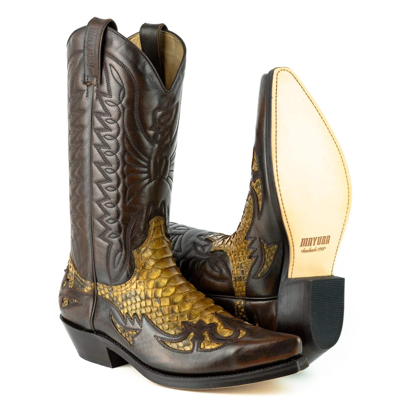 Exotic Handmade Brown and Yellow Leather 1935-C Texan Cowboy Boots for Women and Men
