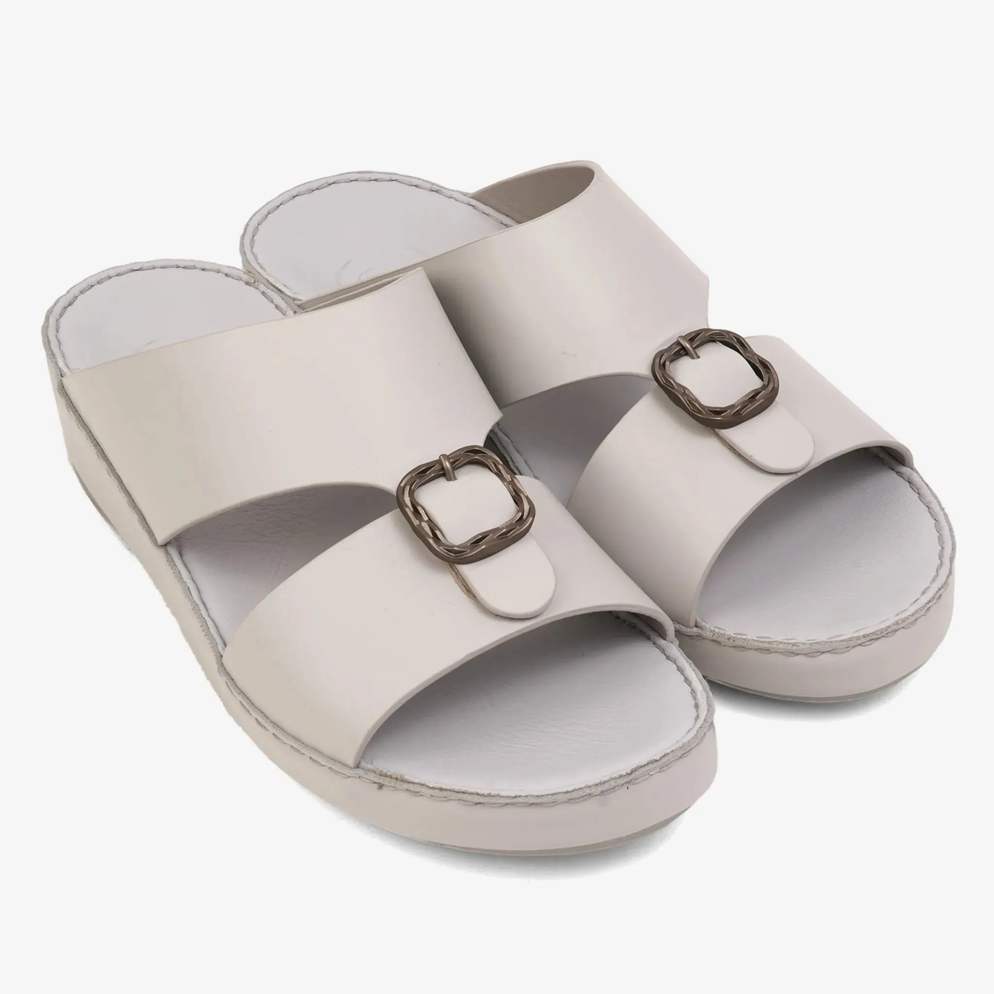 FARADA DA VINCI BRASS ICONIC DOUBLE F TRIM ARABIC SANDALS LIGHT GREY