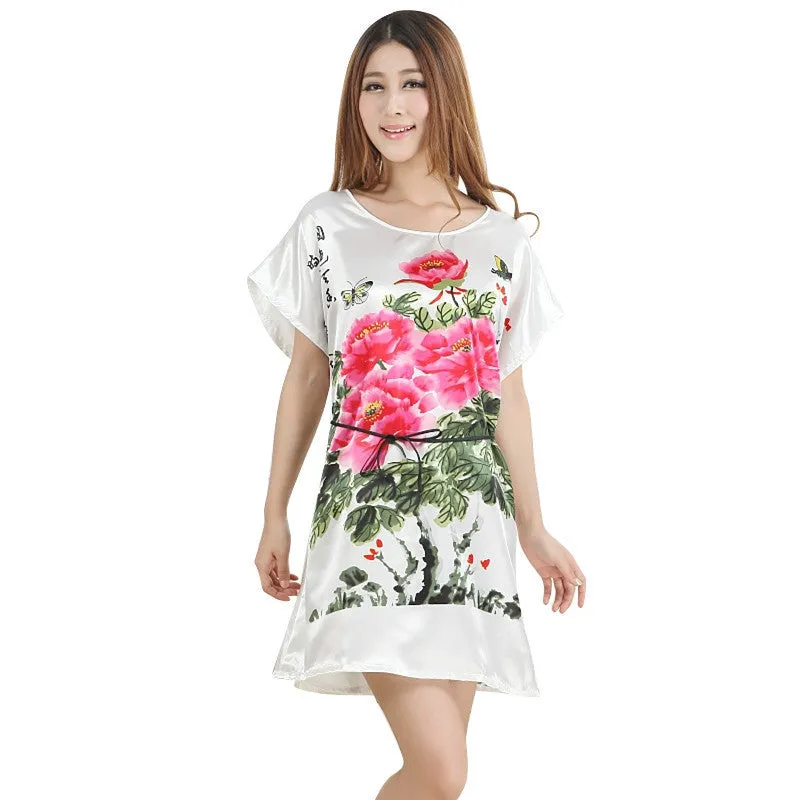 Fashion Women Lady Peony Robe Bath Gown Nightgown Sleepwear