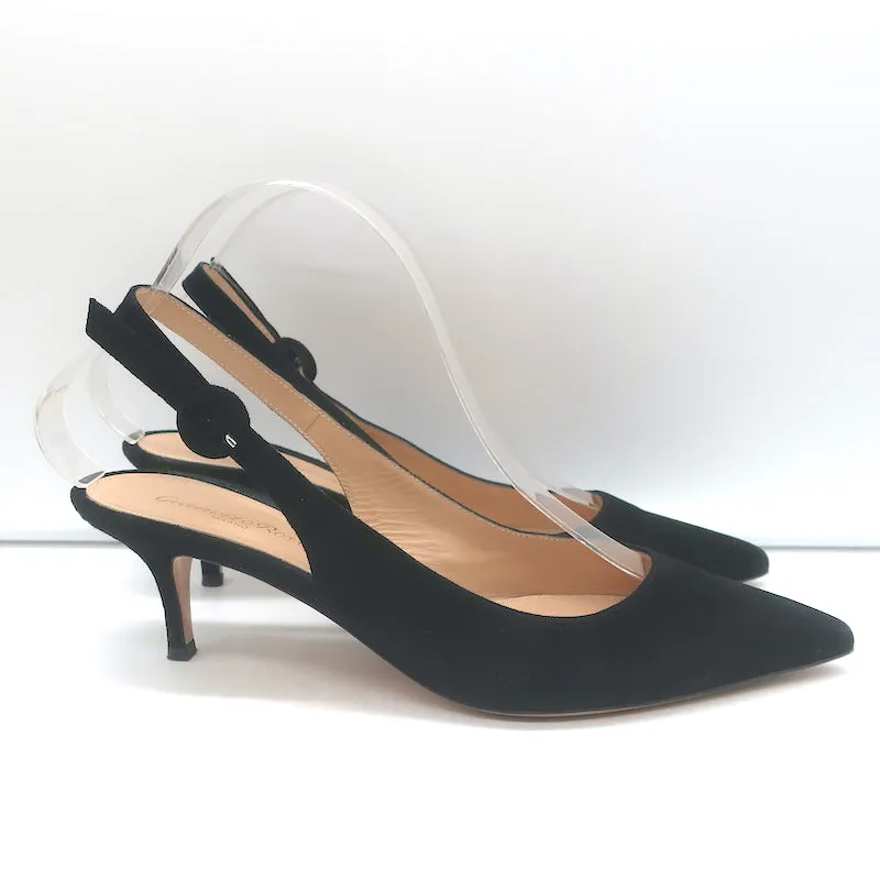 Gianvito Rossi Kitten Heel Slingback Pumps Black Suede Size 38.5