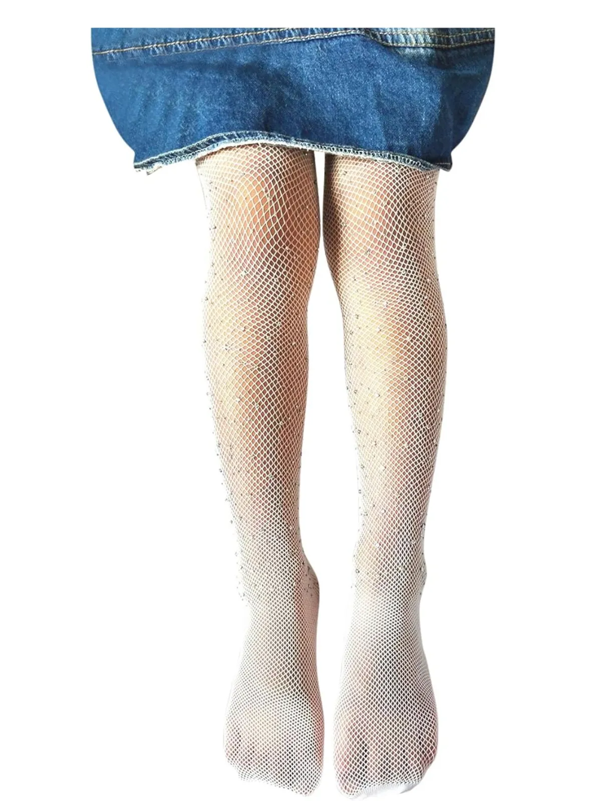 Girls White Crystal Rhinestone Embellished Fishnet Tights