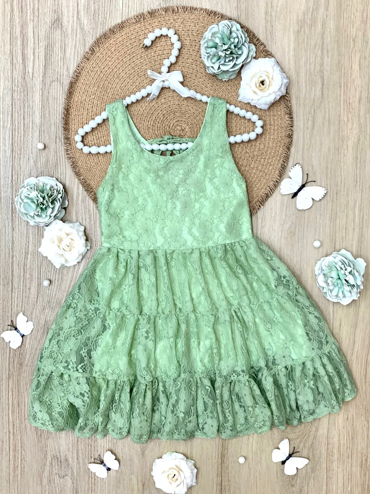 Green Floral Lace Tiered Ruffle Dress