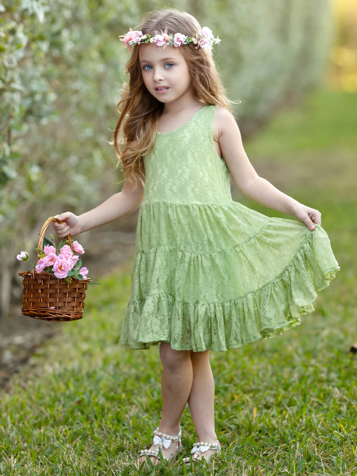 Green Floral Lace Tiered Ruffle Dress