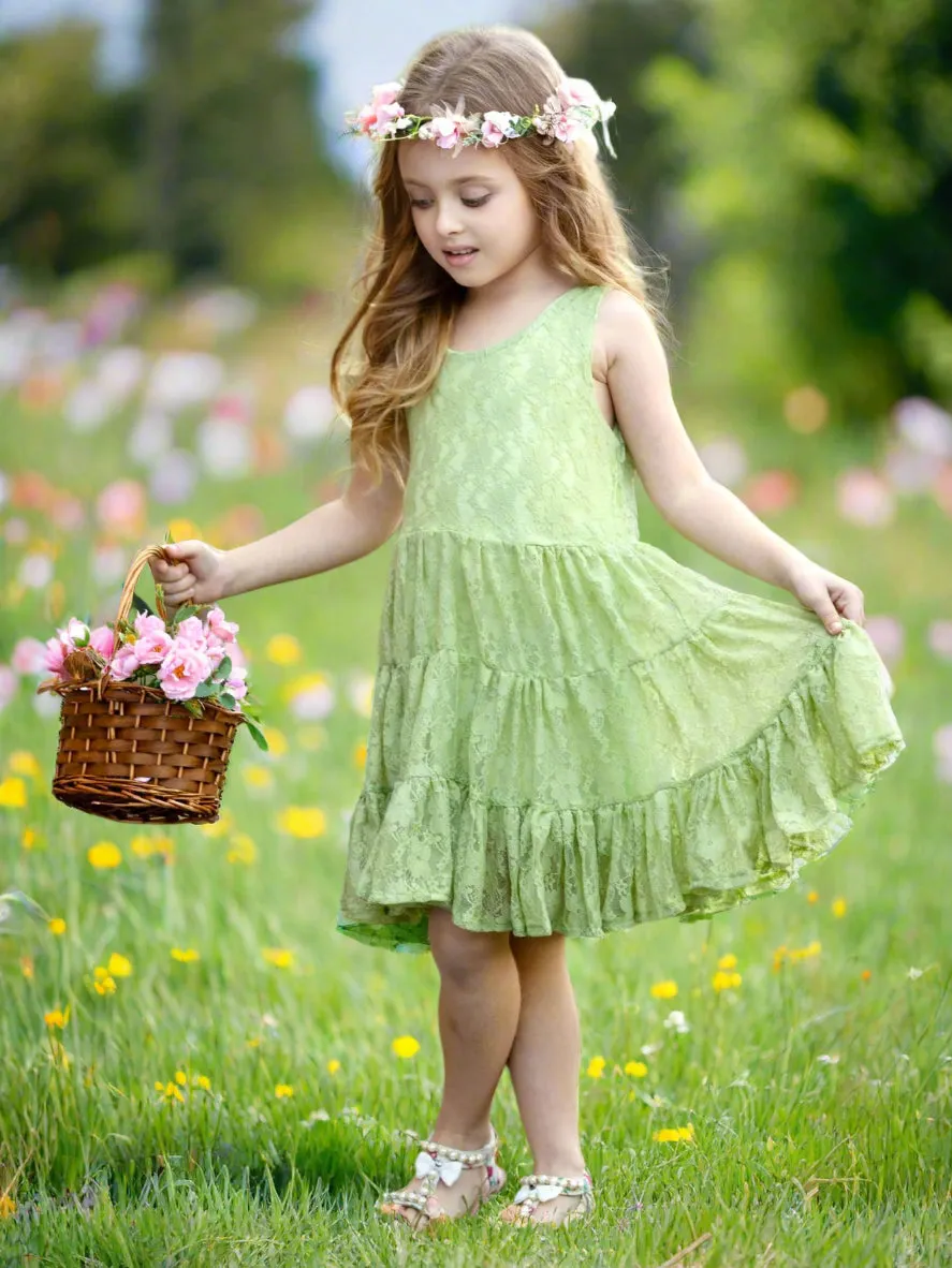 Green Floral Lace Tiered Ruffle Dress