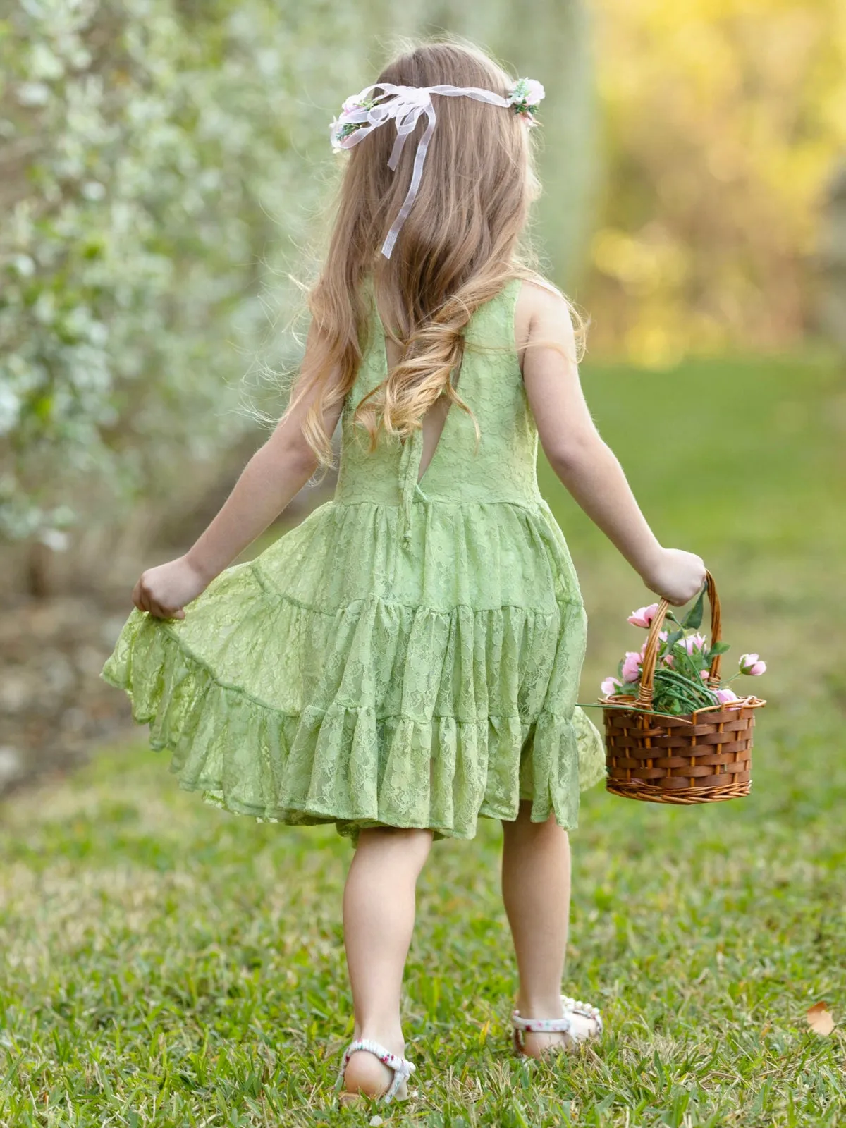 Green Floral Lace Tiered Ruffle Dress