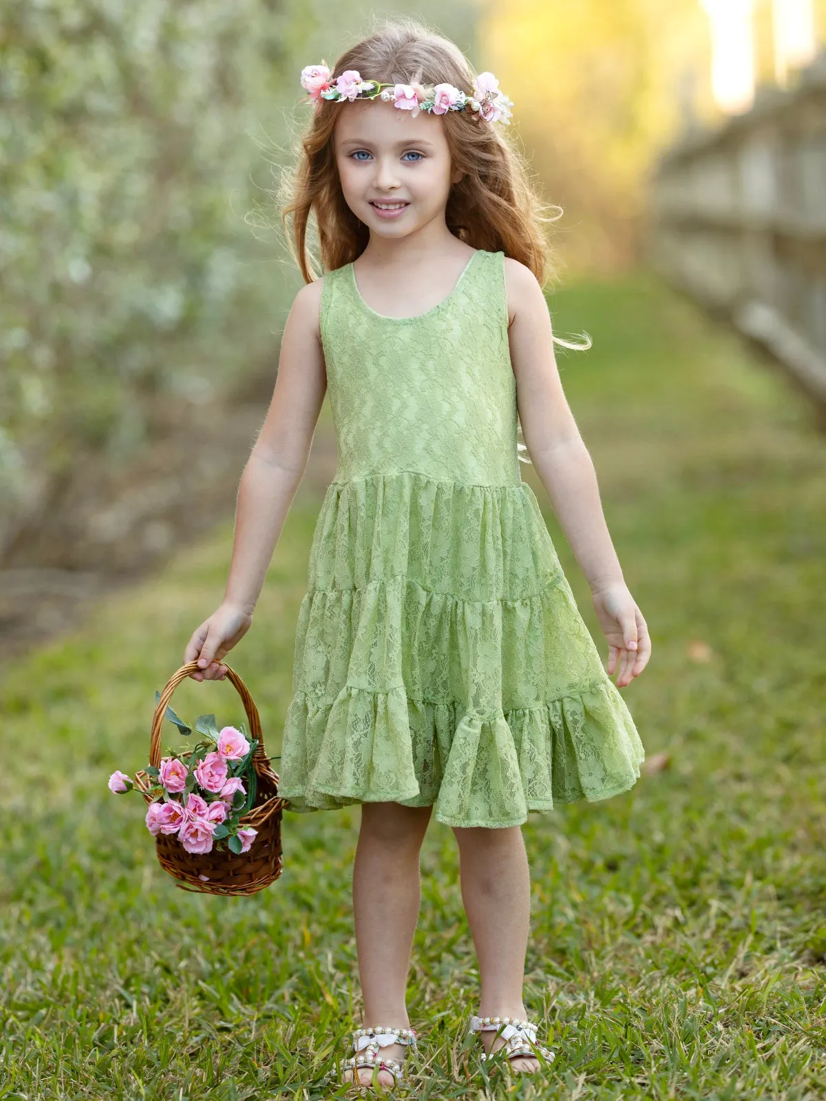Green Floral Lace Tiered Ruffle Dress
