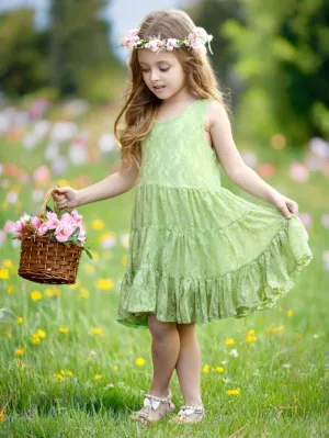 Green Floral Lace Tiered Ruffle Dress