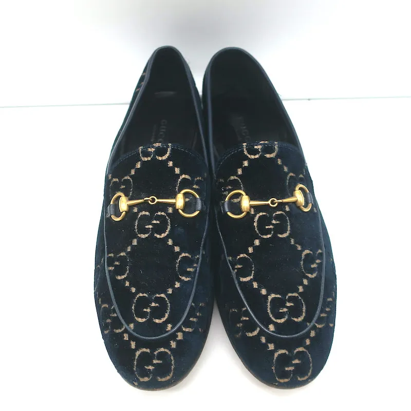 Gucci Jordaan GG Embroidered Velvet Horsebit Loafers Navy/Gold Size 39