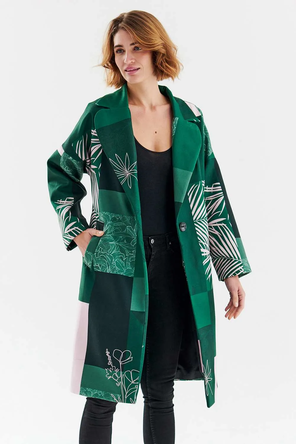 Havana Green patchwork classic coat
