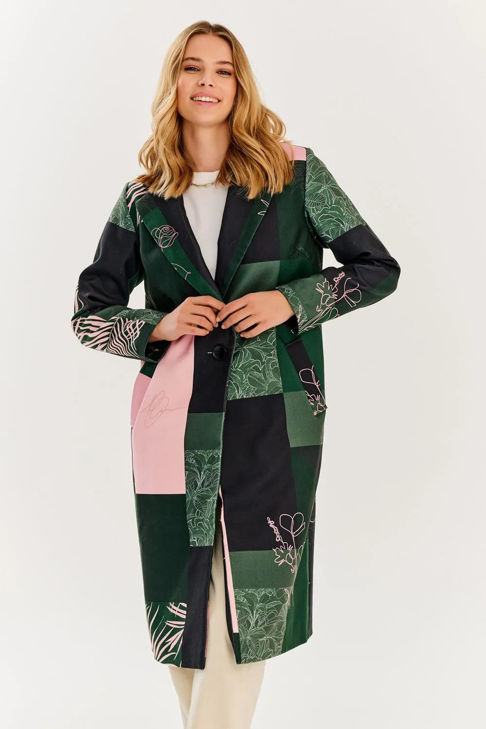 Havana Green patchwork classic coat