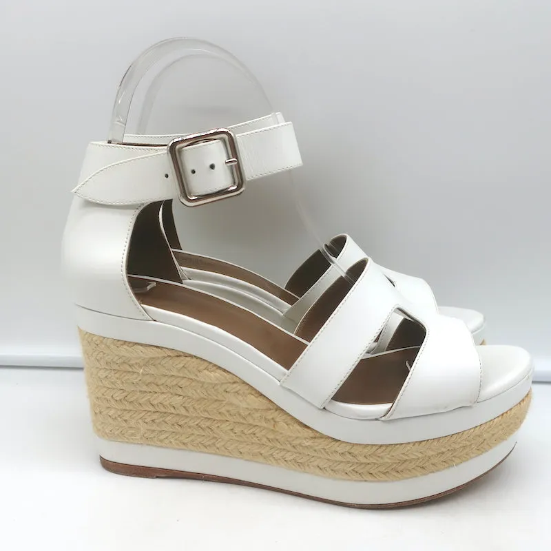 Hermes Ilana Espadrille Wedges White Leather Size 36 Platform Sandals