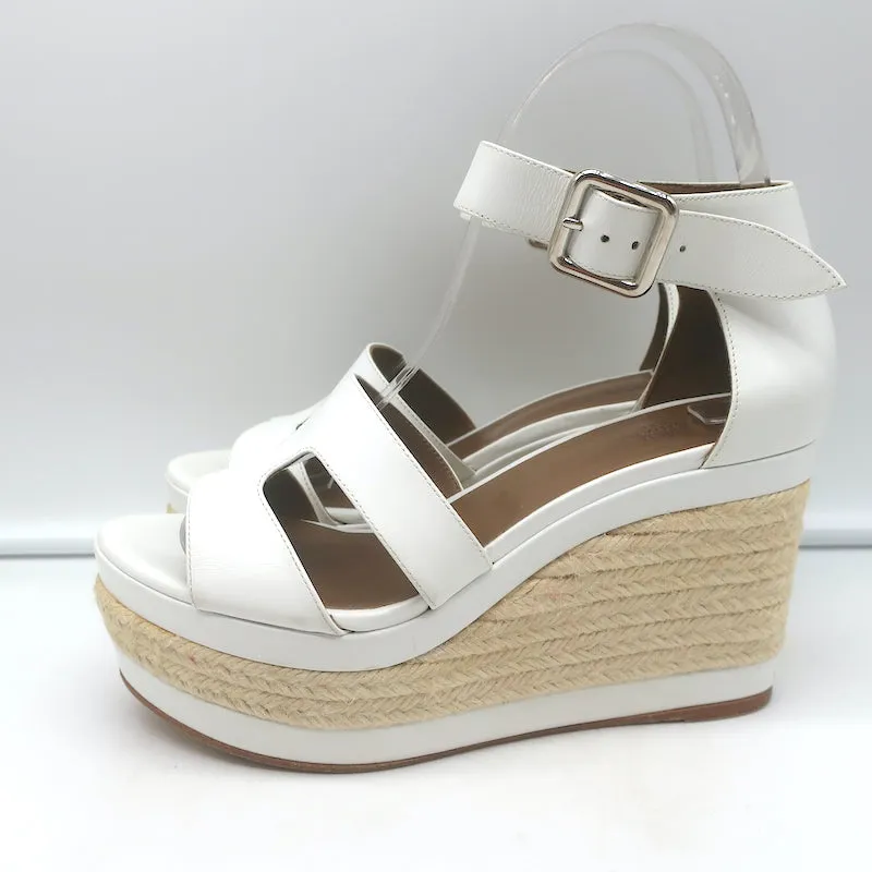 Hermes Ilana Espadrille Wedges White Leather Size 36 Platform Sandals