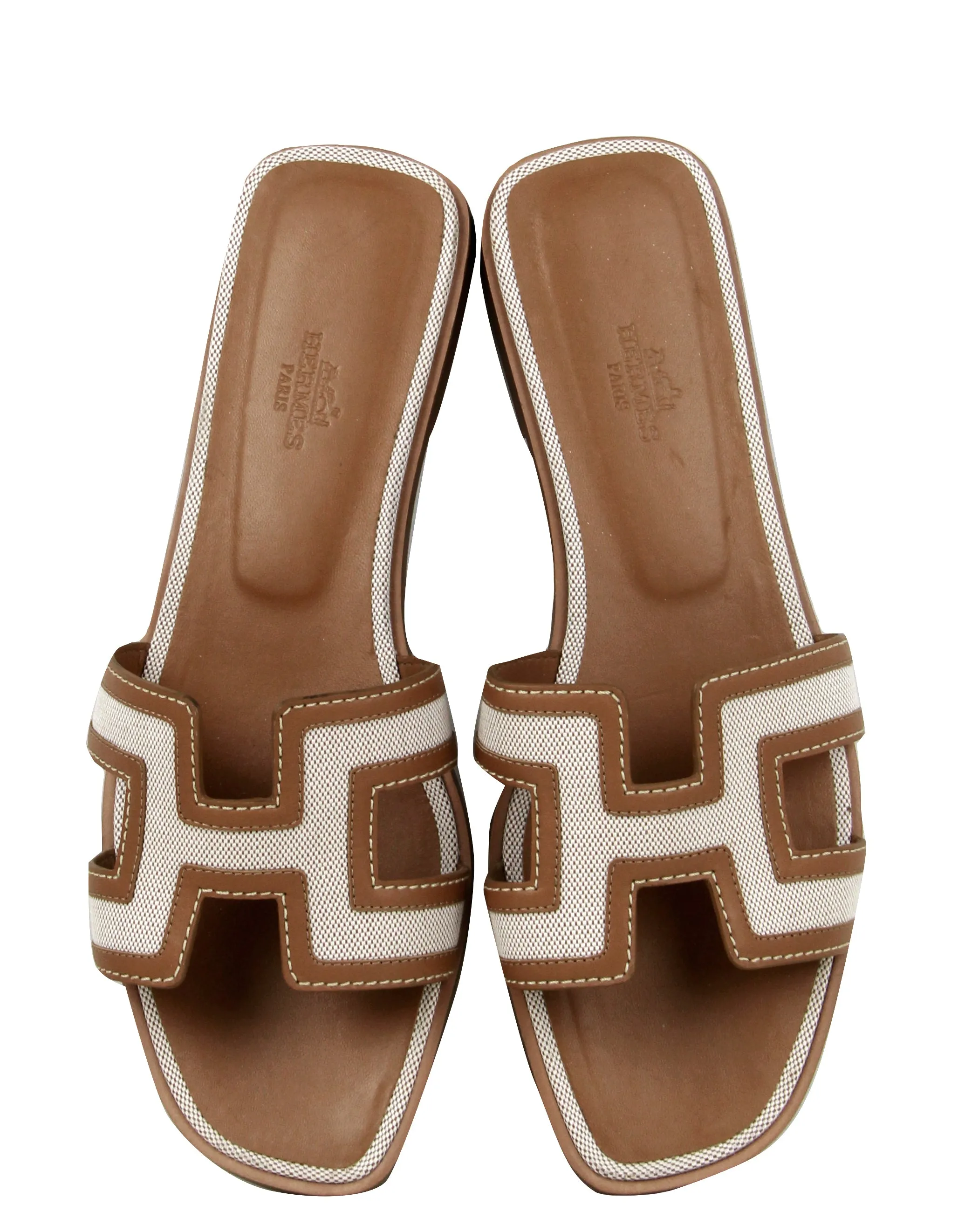 Hermes Noisette/ Beige Toile Oran Sandals sz 39.5
