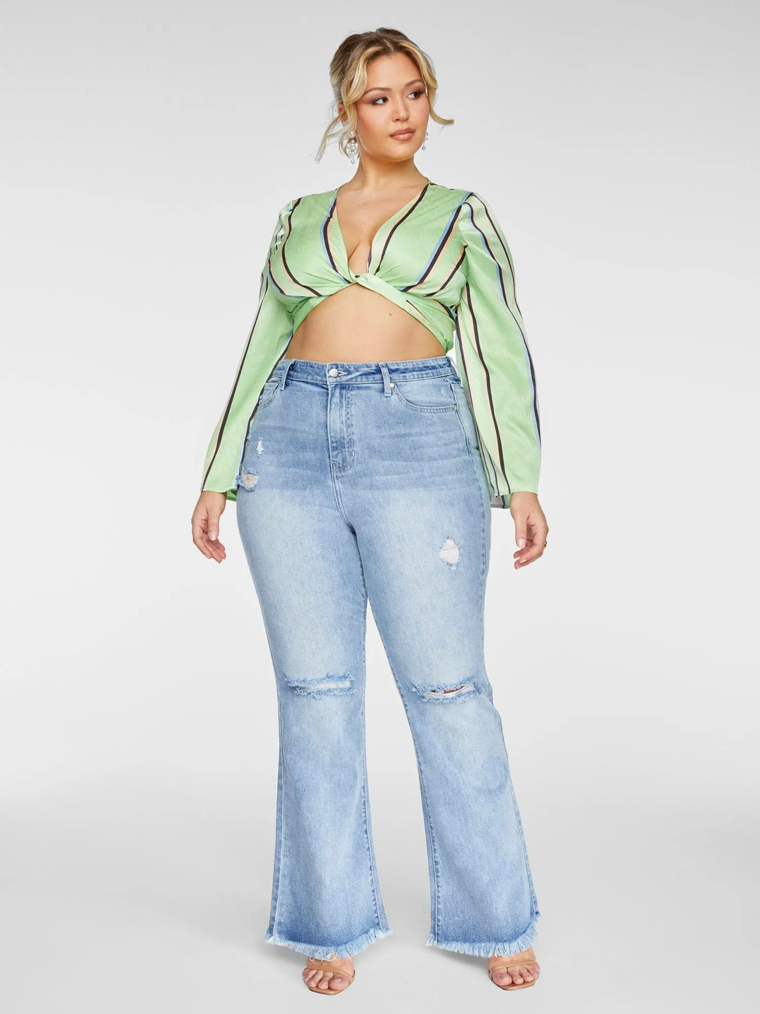 High Rise Destructed Light Wash Flare Jeans
