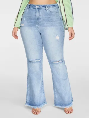 High Rise Destructed Light Wash Flare Jeans