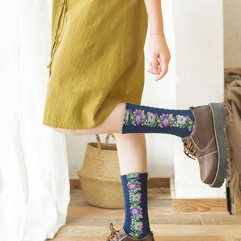 Idearock Vintage Embroidered Floral Socks (5 pairs)