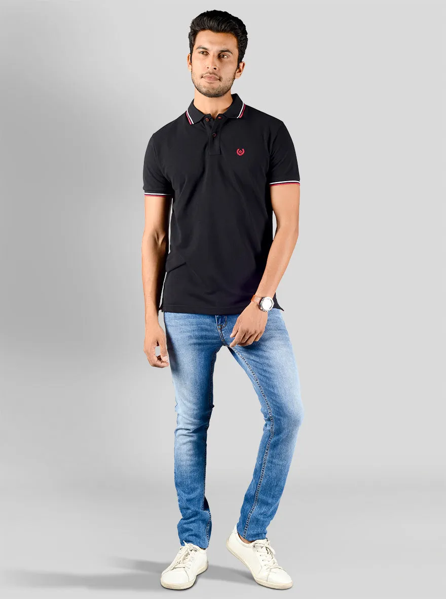 Jet Black Solid Slim Fit Polo T-shirt | Greenfibre