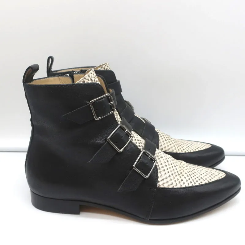 Jimmy Choo Ankle Boots Marlin Cream Snake Print & Black Leather Size 37
