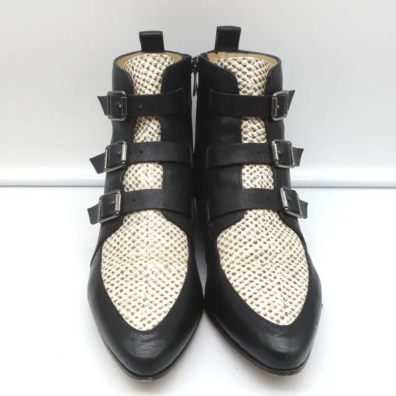 Jimmy Choo Ankle Boots Marlin Cream Snake Print & Black Leather Size 37