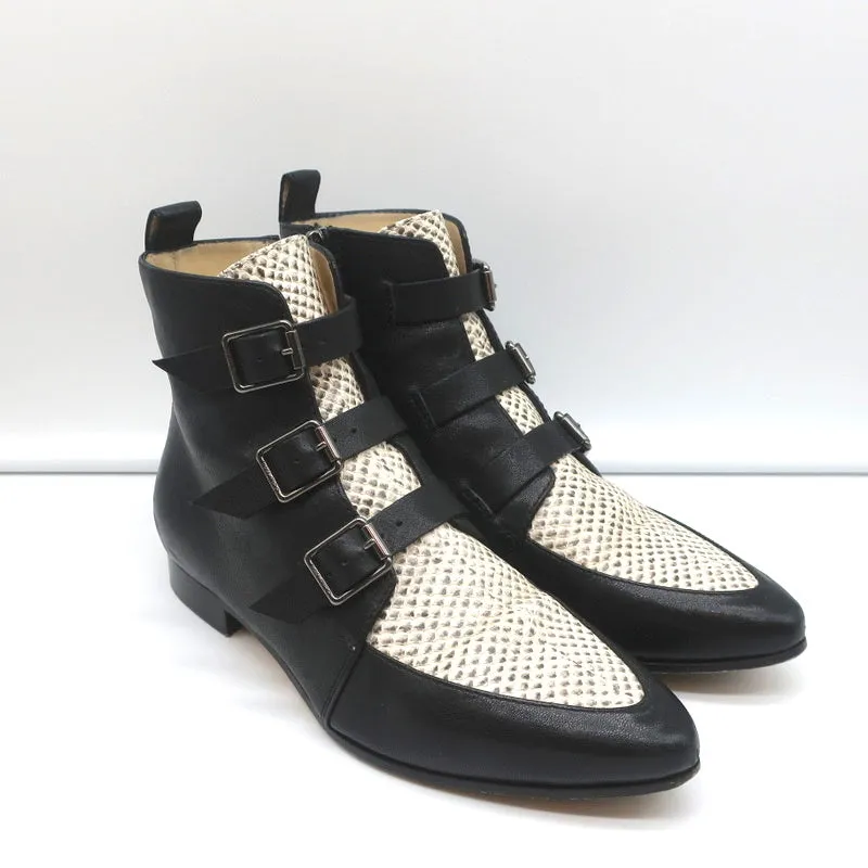 Jimmy Choo Ankle Boots Marlin Cream Snake Print & Black Leather Size 37