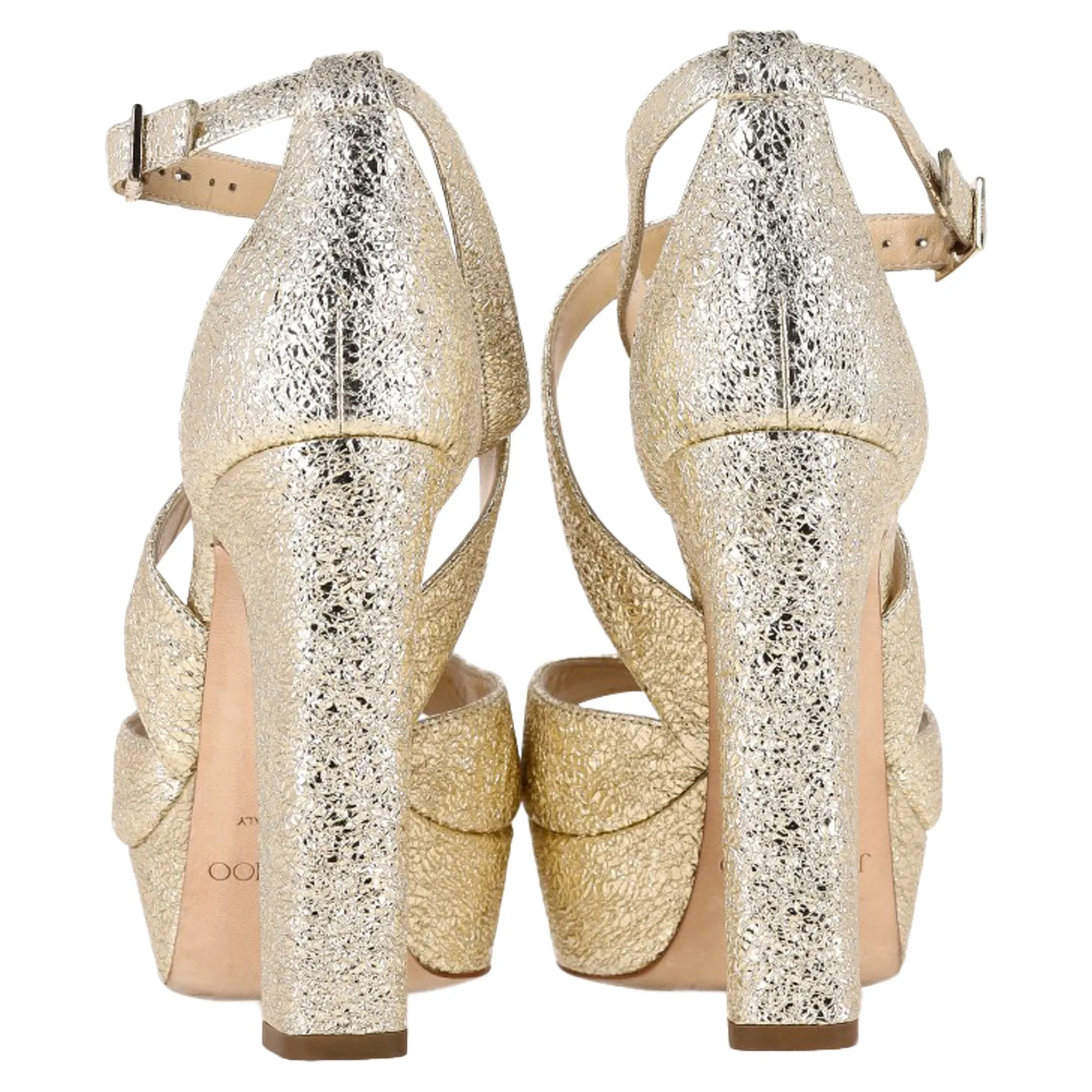 Jimmy Choo Emily Cross-Strap Sandal Heels in Gold Leather