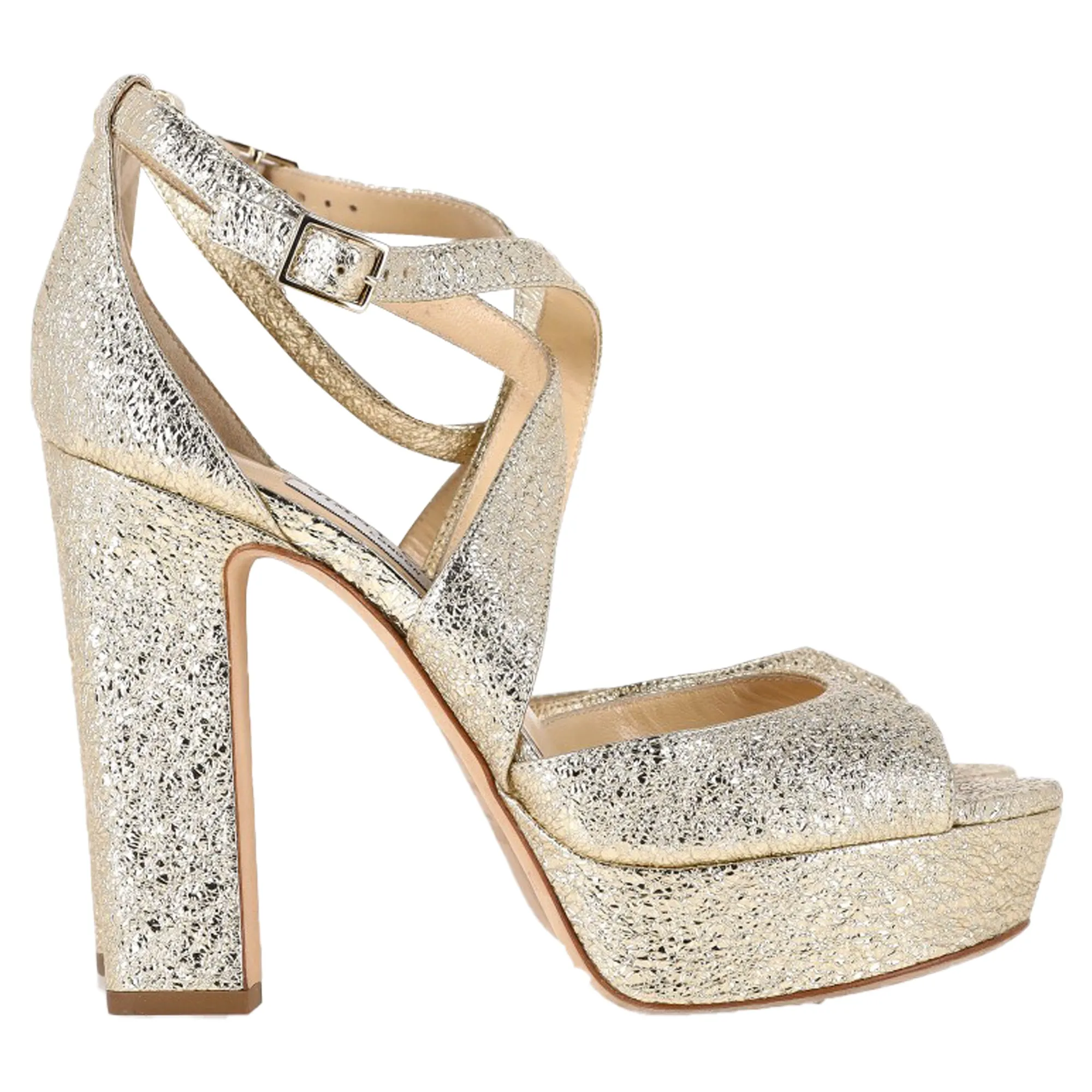 Jimmy Choo Emily Cross-Strap Sandal Heels in Gold Leather
