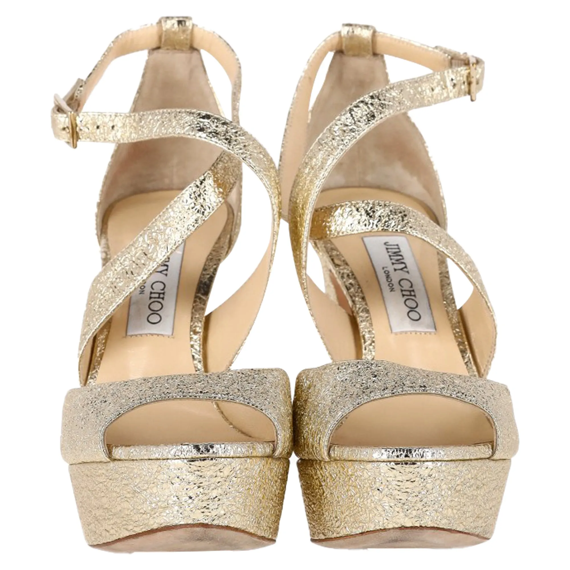 Jimmy Choo Emily Cross-Strap Sandal Heels in Gold Leather