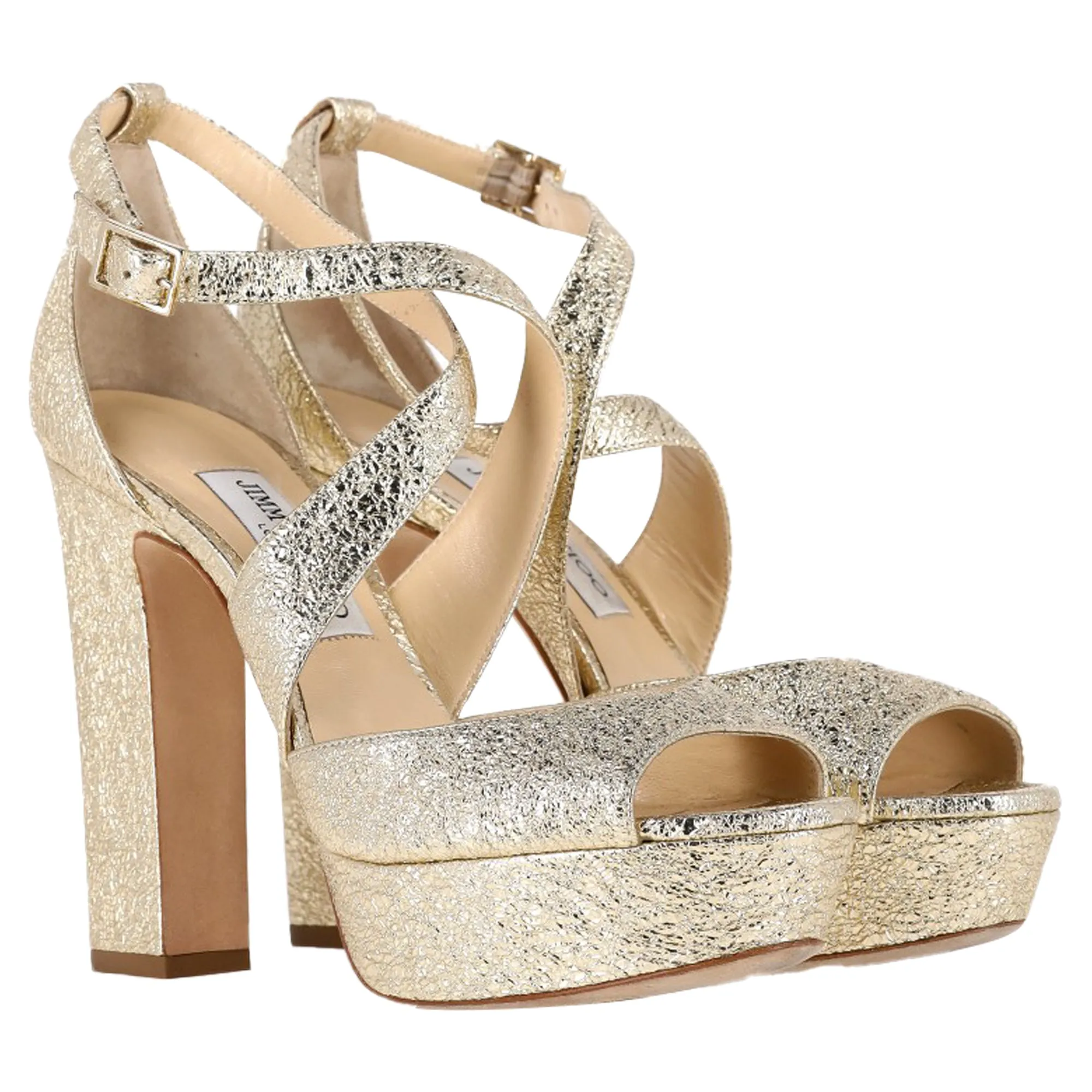 Jimmy Choo Emily Cross-Strap Sandal Heels in Gold Leather