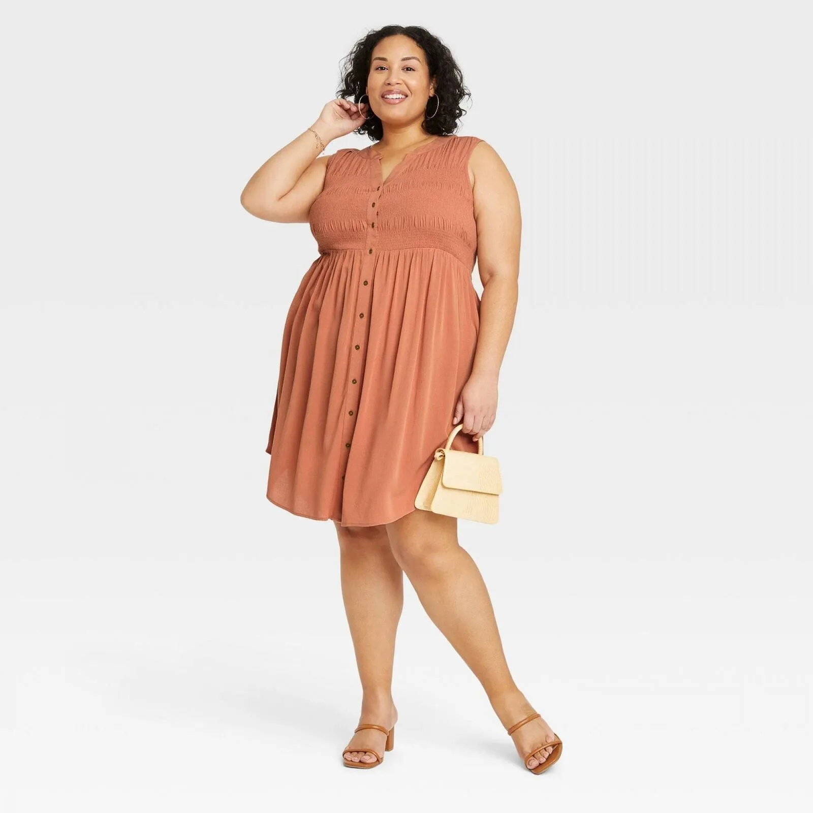 Knox Rose Plus Size Sleeveless Smocked Button-Down Dress 83895507 Brown 1X
