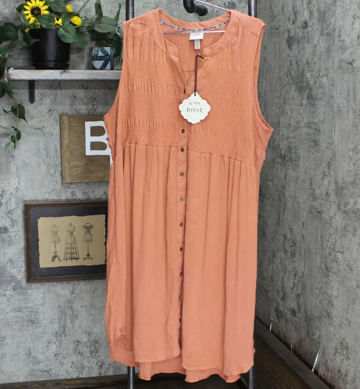 Knox Rose Plus Size Sleeveless Smocked Button-Down Dress 83895507 Brown 1X
